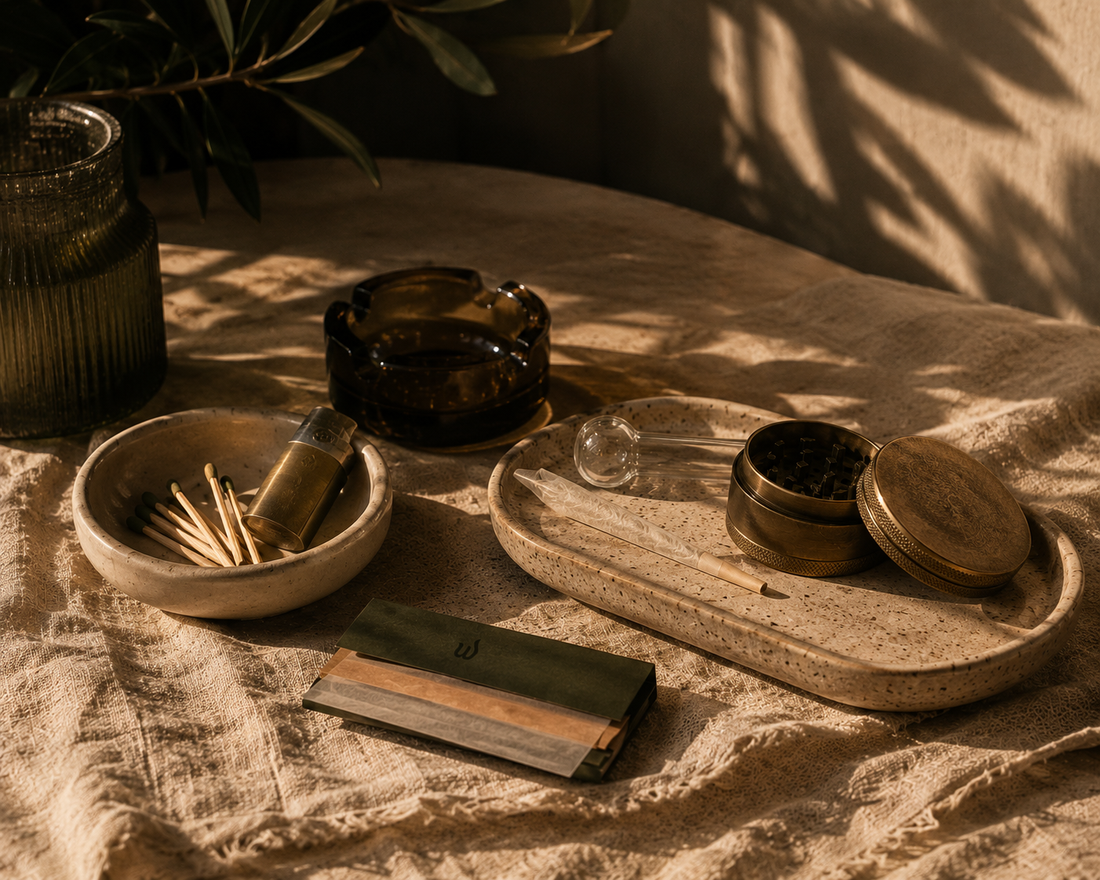 A brass grinder and glass storage jar on a linen cloth