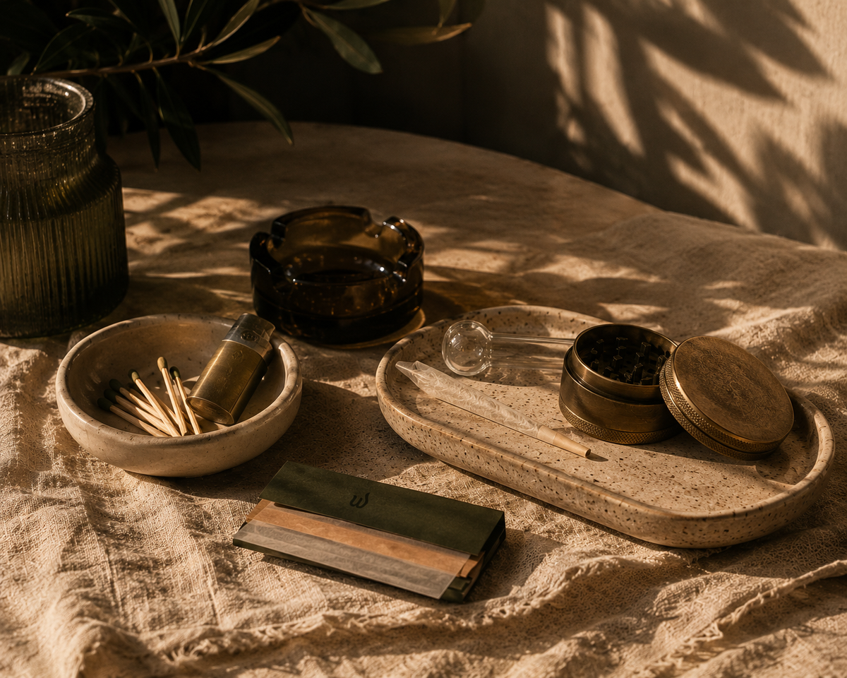 A brass grinder and glass storage jar on a linen cloth