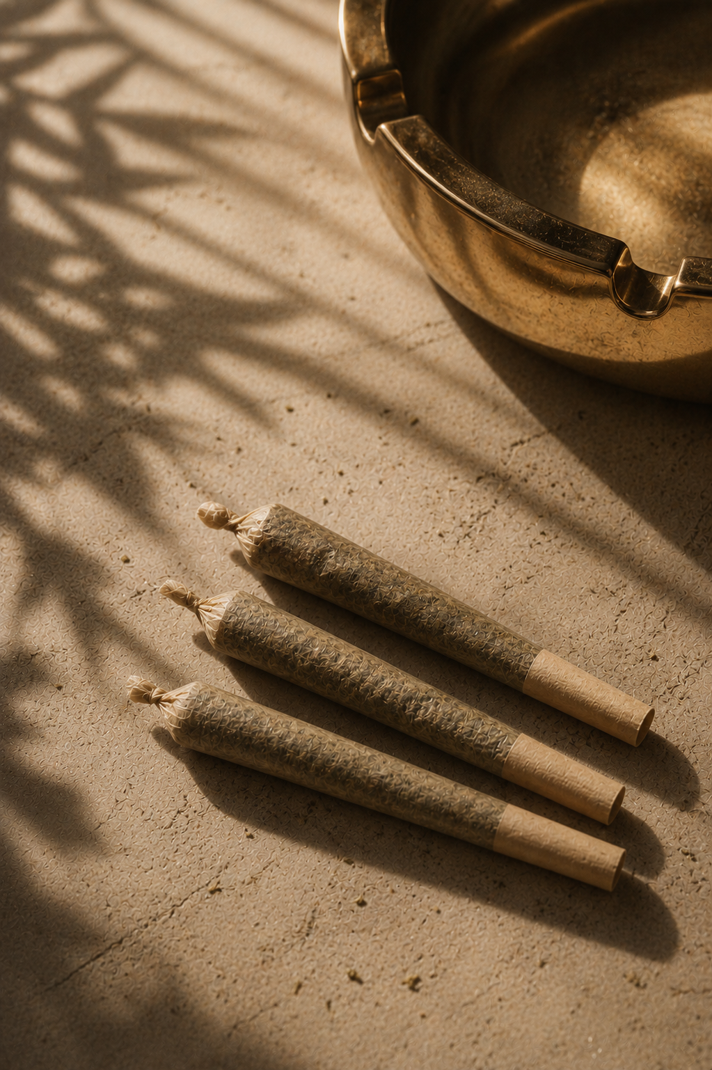 Cannabis pre-rolls beside a vintage brass ashtray