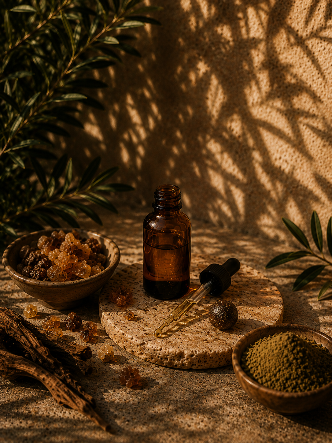 Cannabis extracts in small glass jars on a stone surface