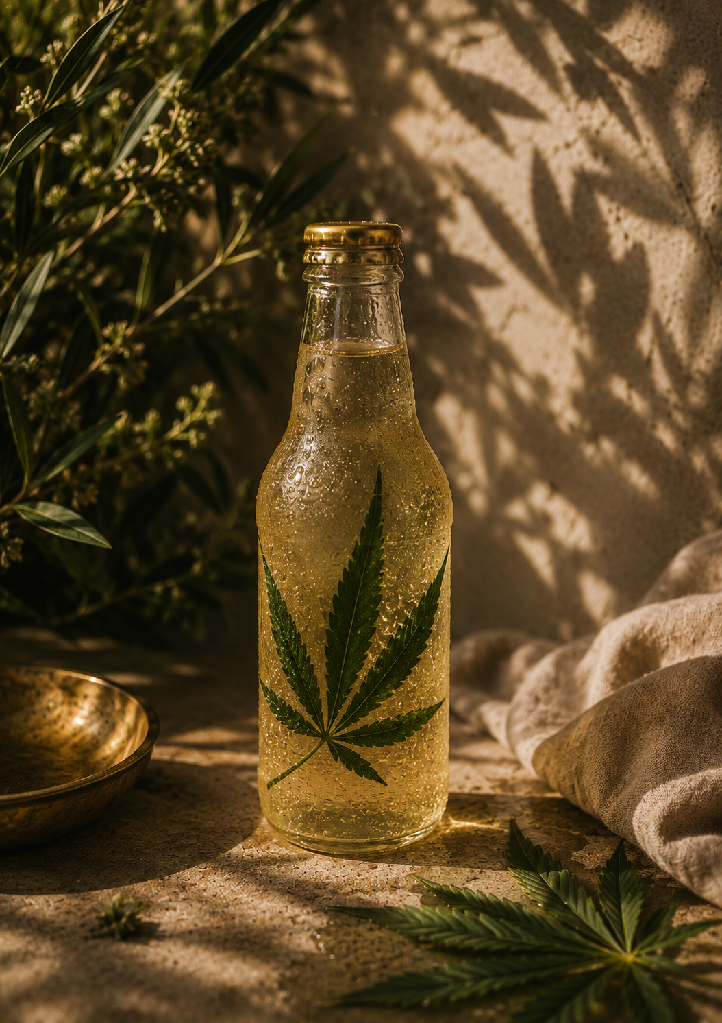 A cannabis beverage bottle showing its label in late afternoon light