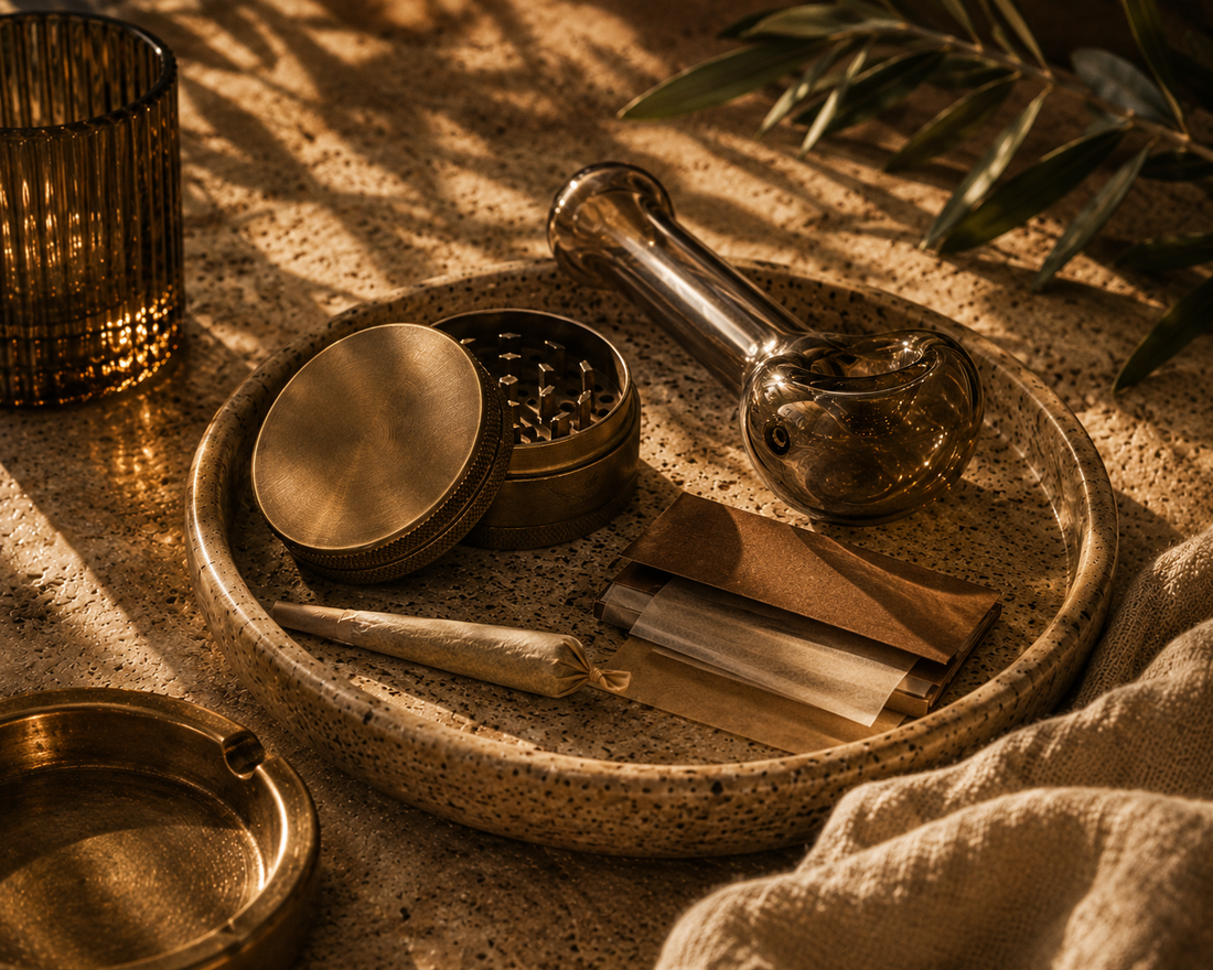 Cannabis accessories including a grinder and rolling papers