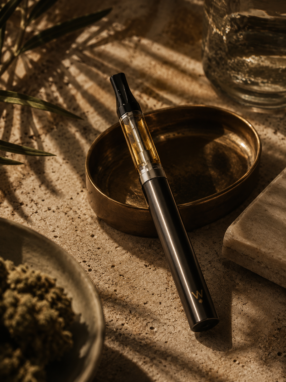 A cannabis vape pen resting on a linen surface