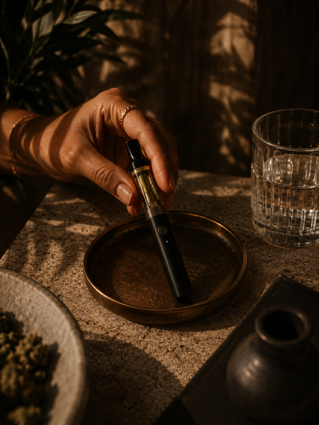 A cannabis vape and packaging in soft daylight