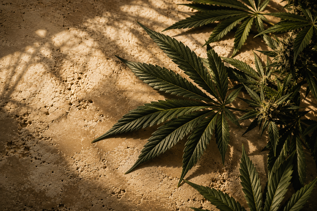 Cannabis leaves in warm afternoon light on a stone surface