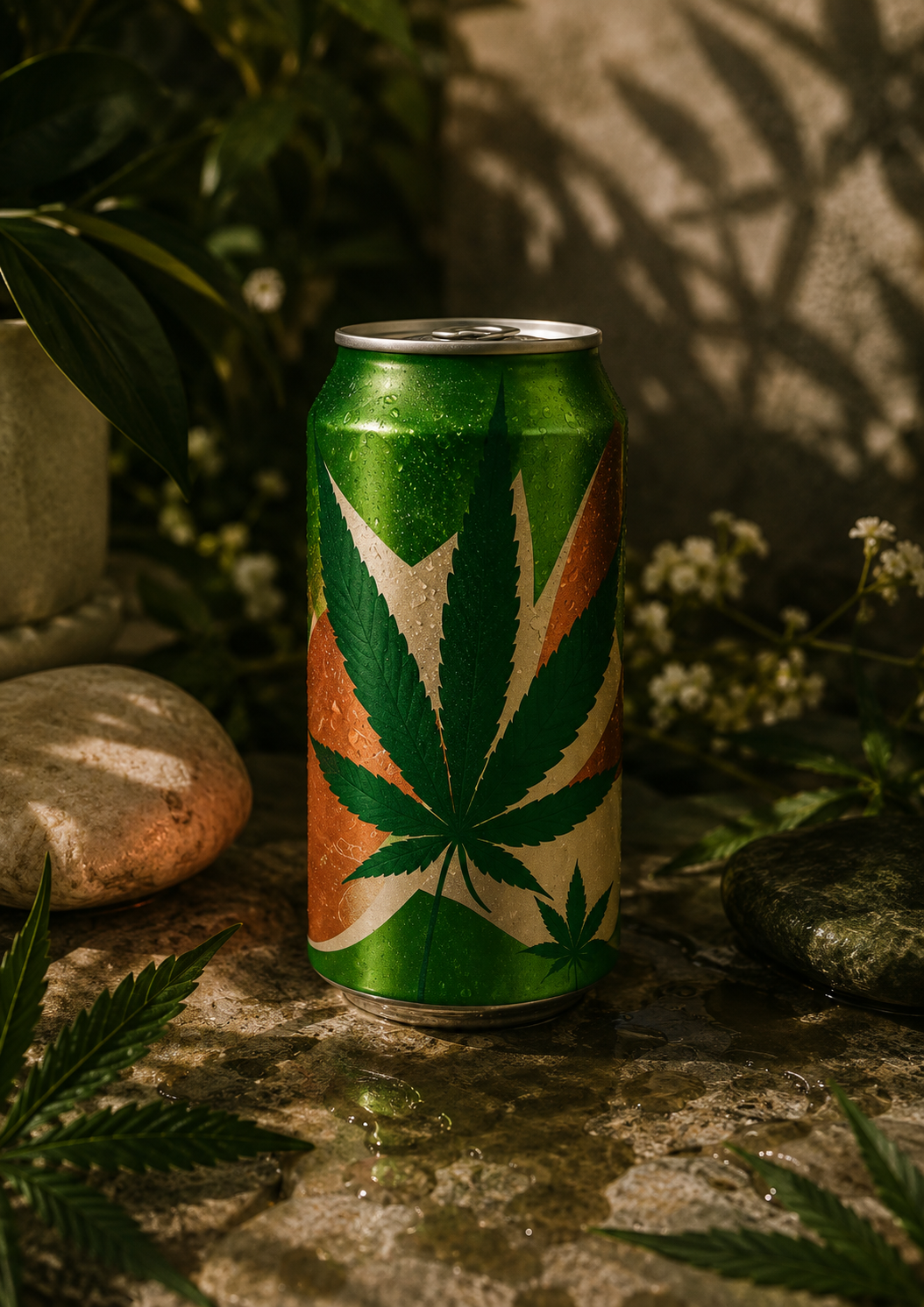 A chilled cannabis beverage can on a warm stone counter