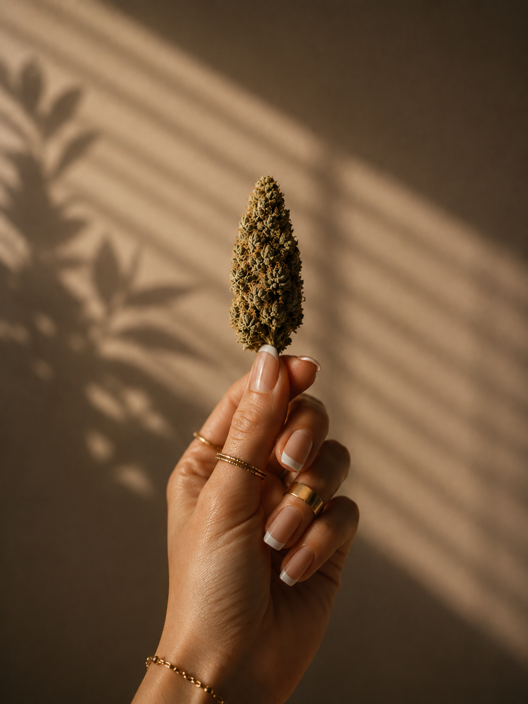 Cannabis flower held over a ceramic dish, showing trichome detail