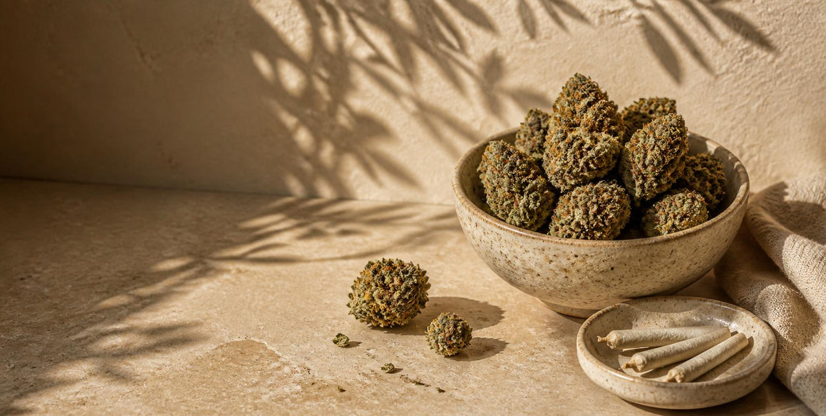 Dried cannabis flower in a stoneware bowl on a sunlit stone table